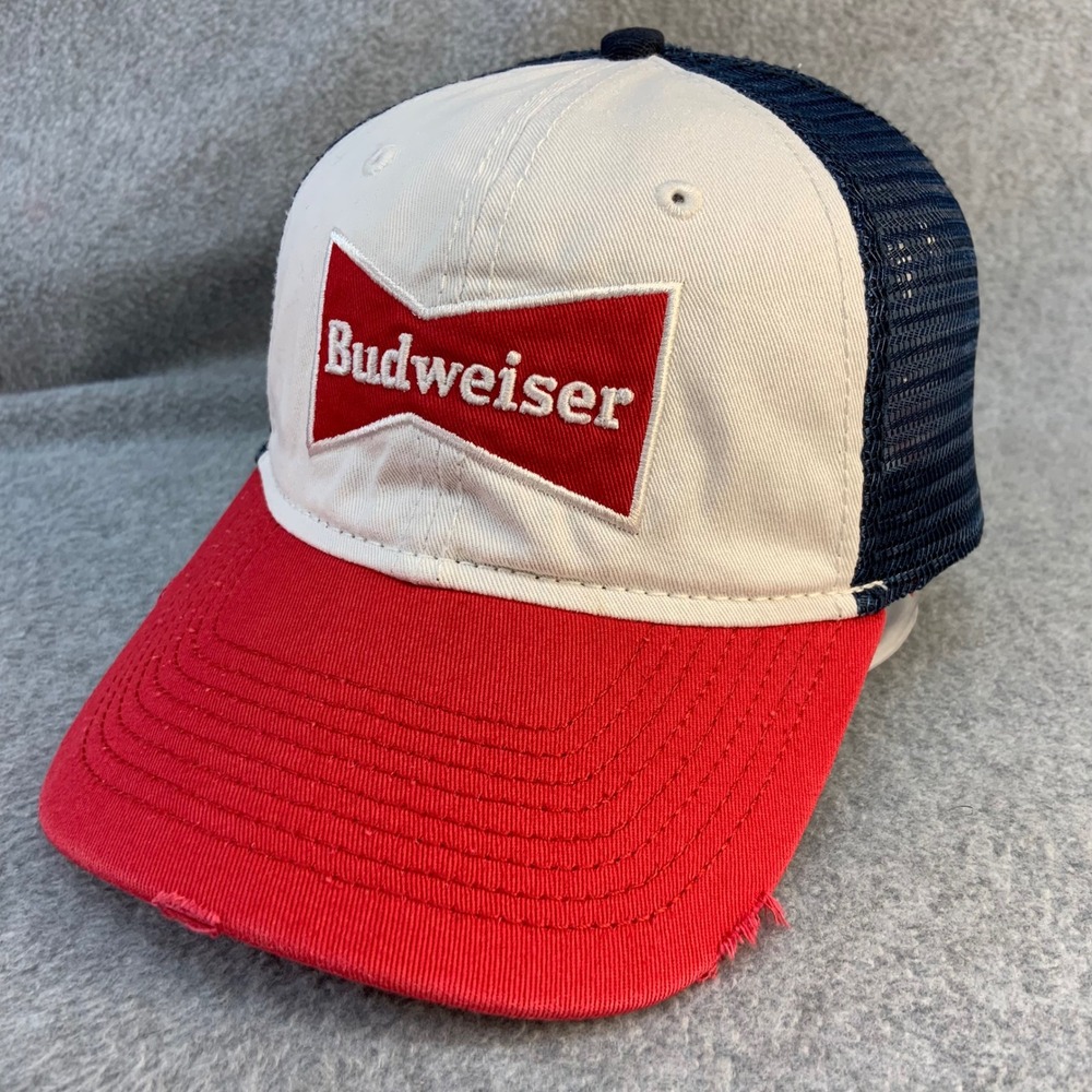 Budweiser Bowtie Logo Mens Red White Blue H3 Headwear Trucker Hat Distressed OS
